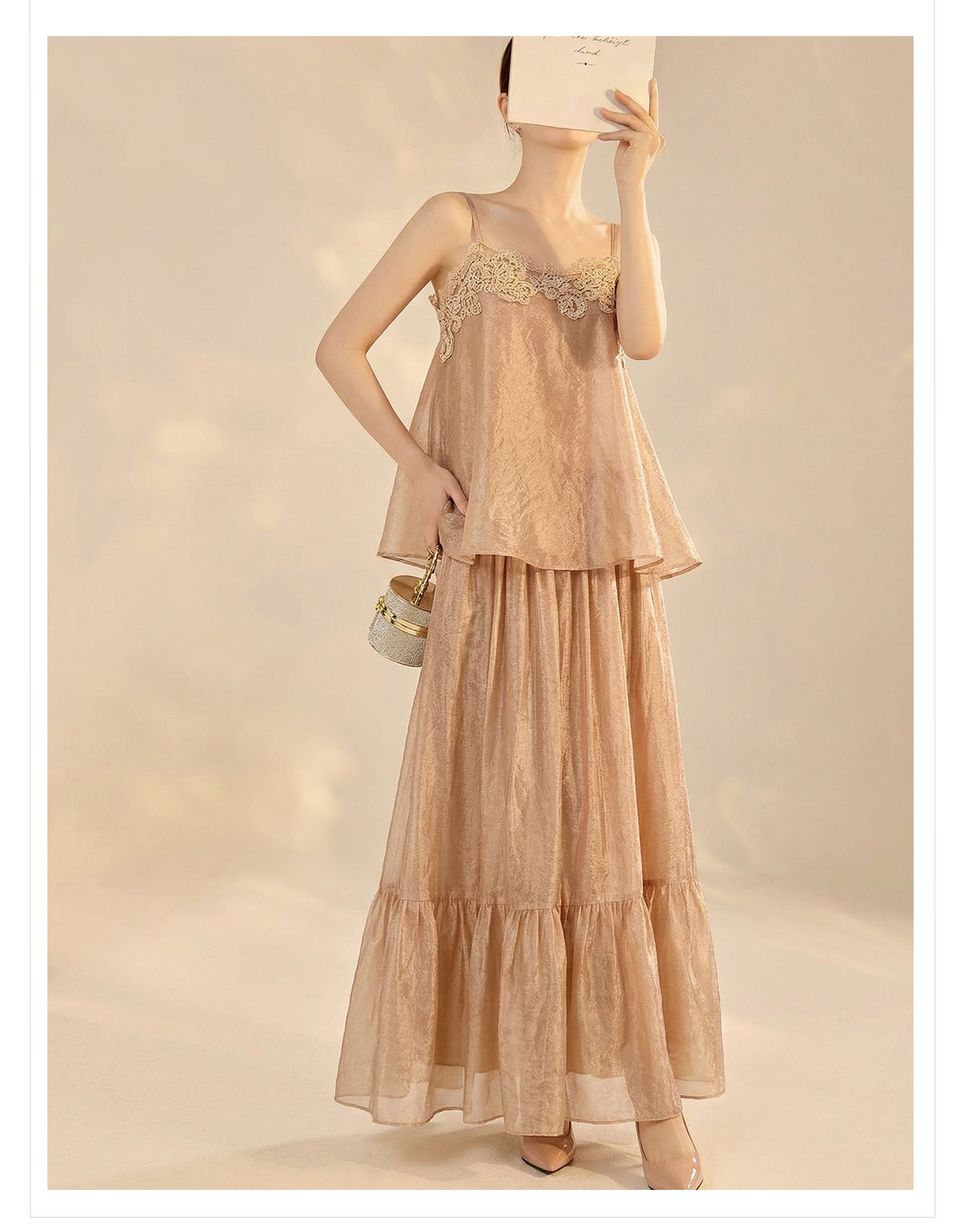 Bộ đầm maxi nữ thắt eo phong cách cổ điển Trung Hoa cao cấp (áo dây + chân váy) — nửa váy, Trang chủ chi tiết 11