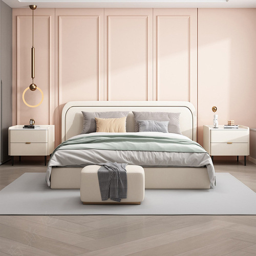 Direct selling cream style solid wood slate light luxury bedside table leather minimalist modern bedroom bedside storage