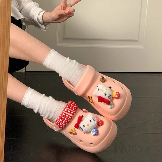 Cute Cartoon Kitten Hole Shoes Women's 2025 Spring and Summer New Thick-soled Height-increasing Outwear Eva Half Slippers
