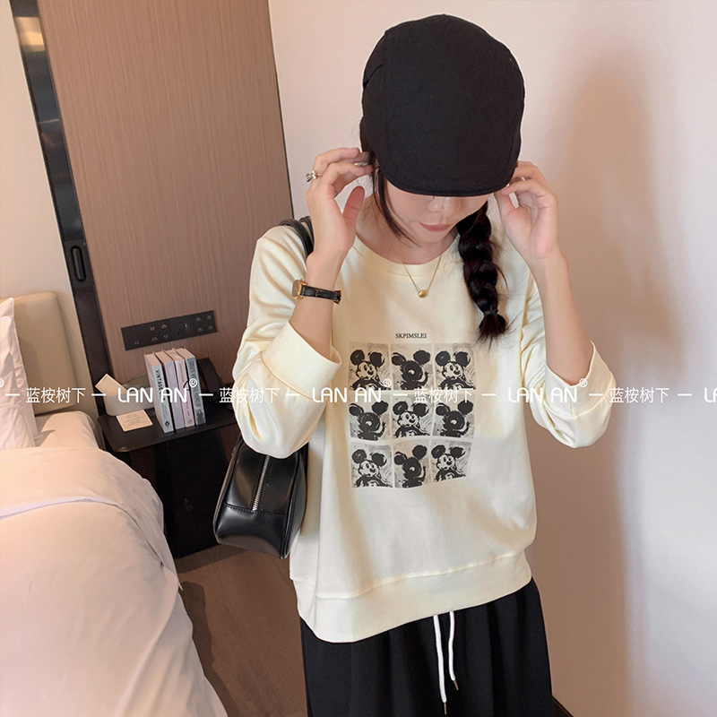 Autumn New Round Neck Akihito Double-Sided Cotton Jiugongge Cartoon Printed Loose Casual Pullover Top Women's Sweatshirt