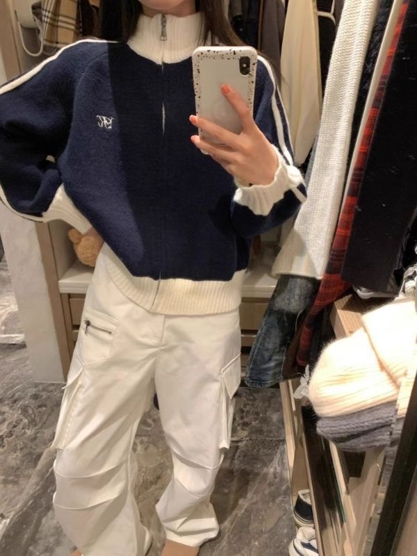 [シープカシミア]アメリカンコントラストカラー長袖スタンドカラーセータージャケットレディースルーズ野球ユニフォームカーディガンジッパートップ