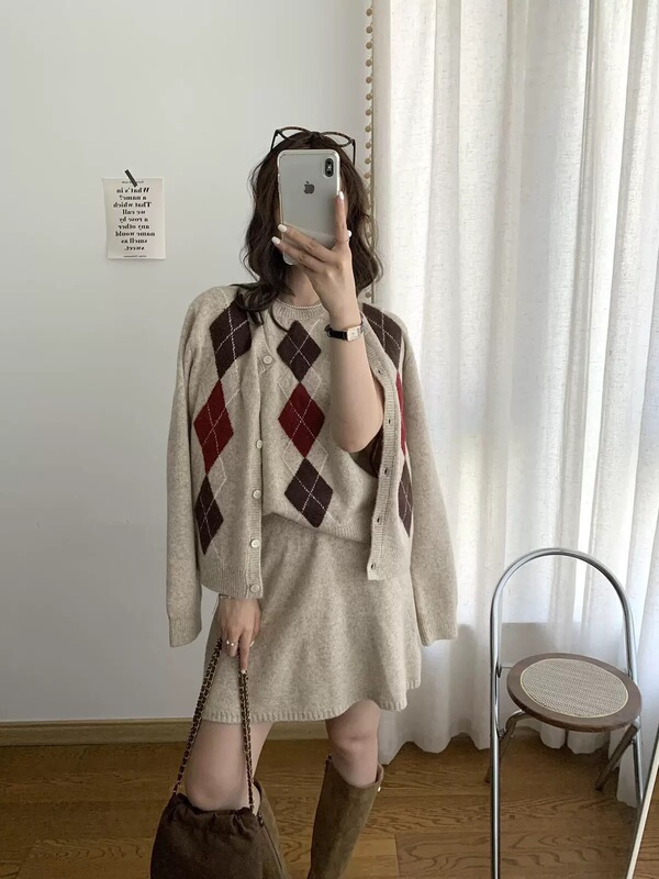 2025韩系菱格针织开衫三件套女秋季新款宽松毛衣外套套装跨境批发|undefined