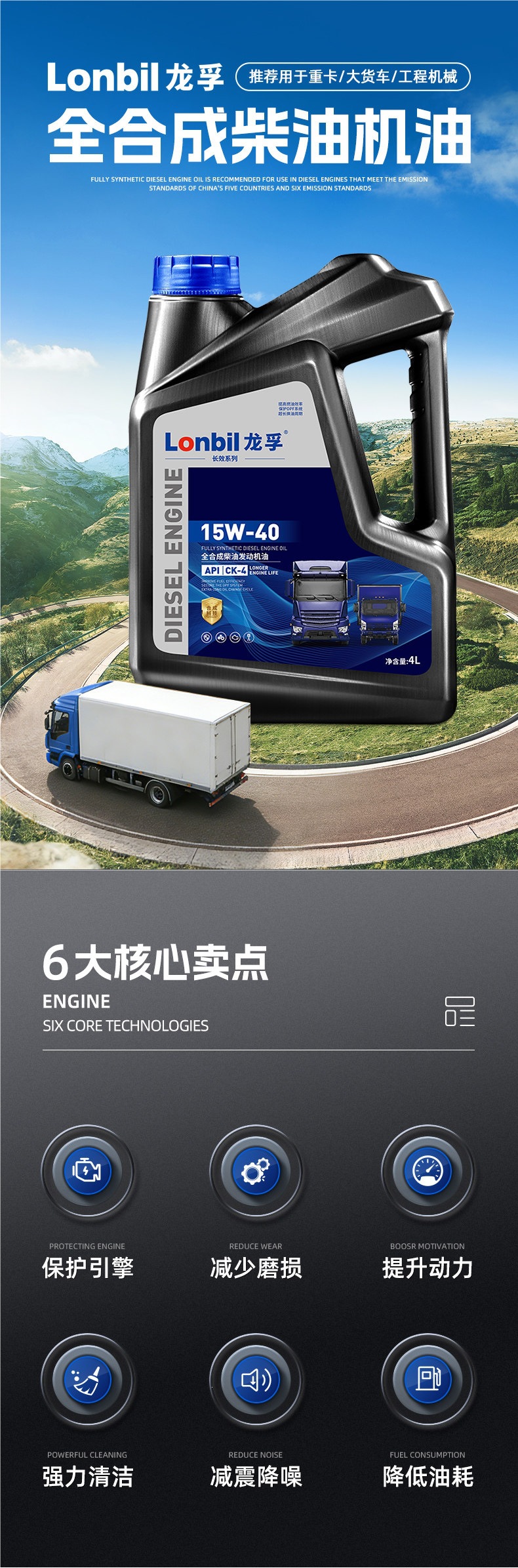 Fully synthetic diesel engine oil 4 liters CK-4 genuine 15W40/20W50 for micro tillers and truck engines