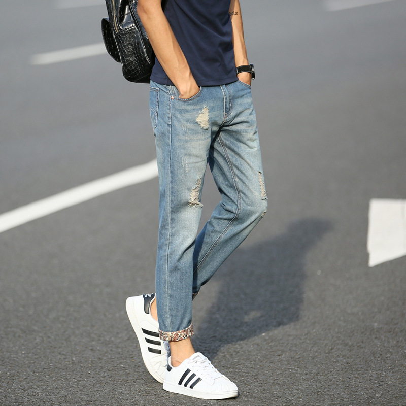Ripped Nostalgic Men's Cropped Jeans Summer Slim-Fit Men's Pants Korean Fashionable Young Student's Skinny Pants