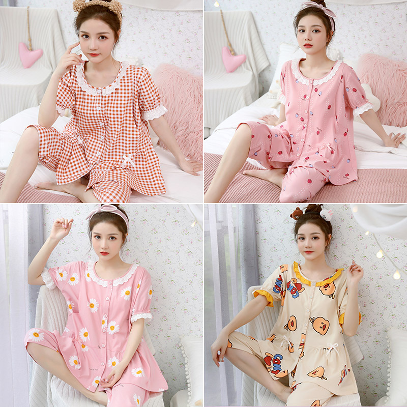 New Short-sleeved Maternal Breastfeeding Pajamas Women's Pure Cotton Postpartum Large Size Cardigan Moon Clothes Breathable Breathable Breastfeeding Clothes Set