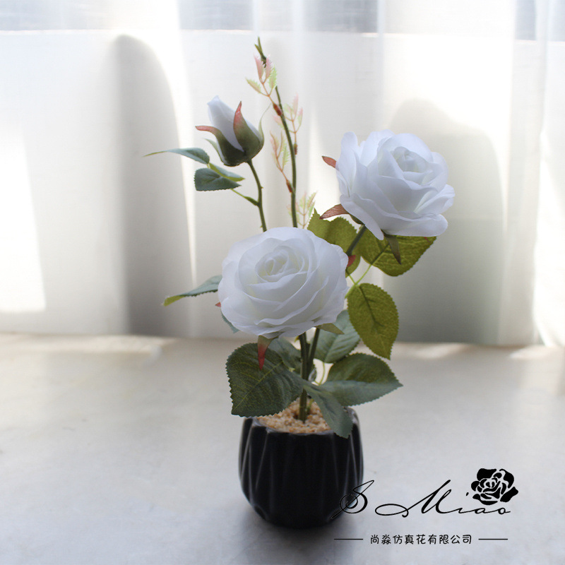 Flores simuladas de tres cabezas de rosa pequeña decoración creativa bonsai fábrica de decoración directa para plantas verdes artificiales falsas macetas simuladas image 14