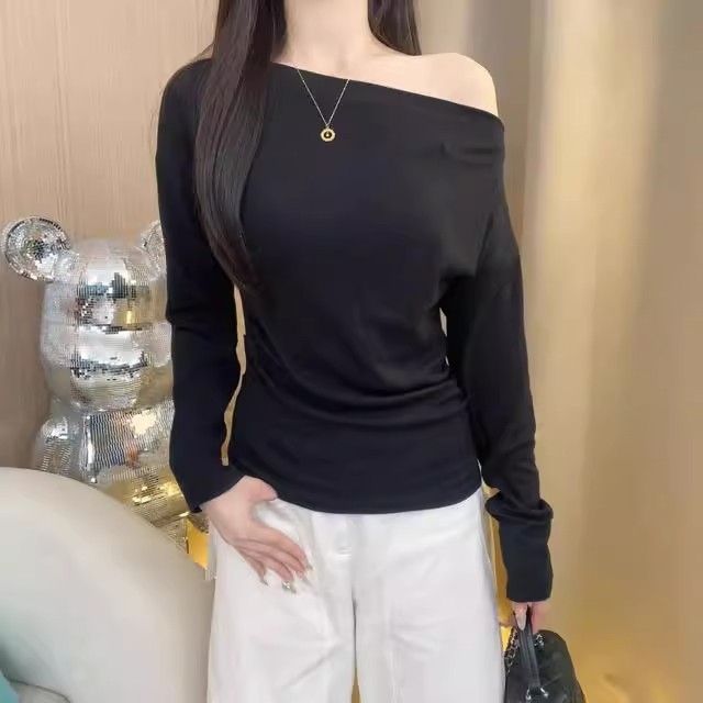 一字肩条纹长袖T恤女2025秋季新款复古松驰感短款收腰小众上衣ins|undefined