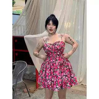 醉月衫法式初恋夏季碎花吊带连衣裙微胖mm大码女装收腰A字蓬蓬裙