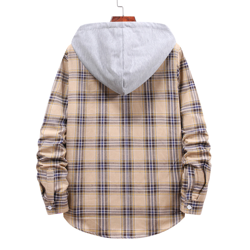 Camicia a maniche lunghe casual alla moda di grandi dimensioni con cappuccio scozzese allentato da uomo 2024_voghion.com