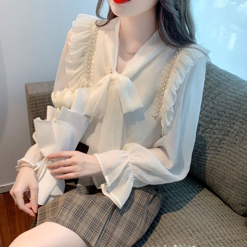 2025年新作早秋服蝶結び高級感シフォンシャツレディース減齢上着シックきれいめブラウス|undefined