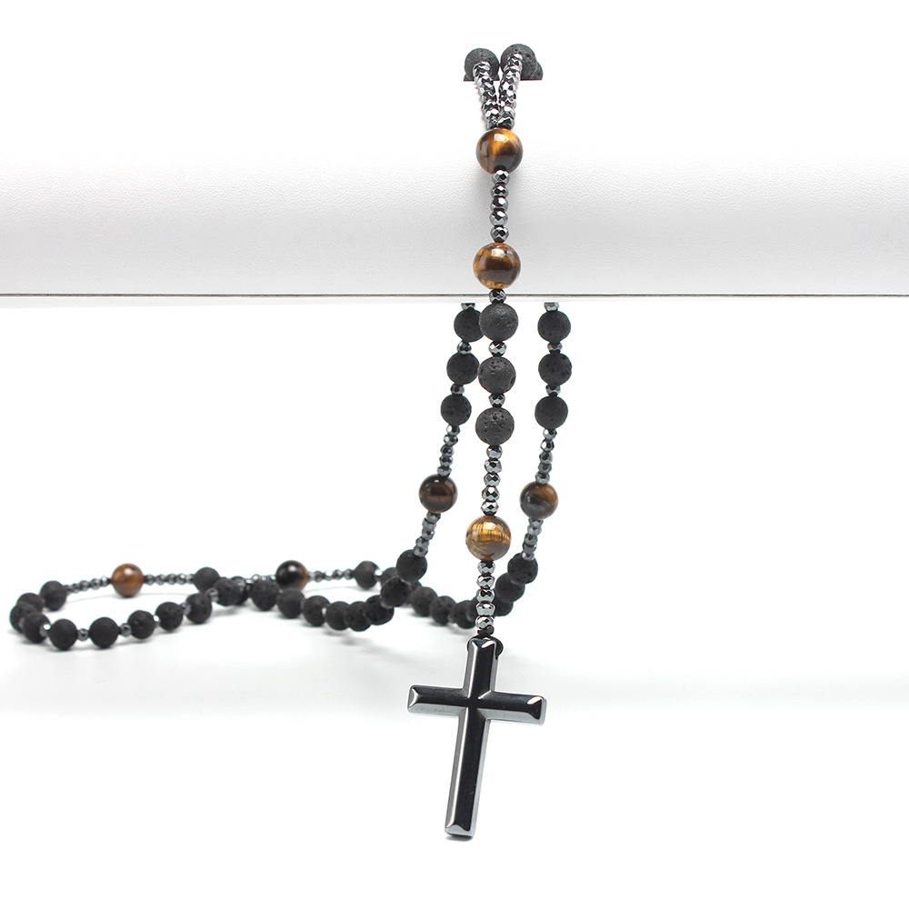 Natural Stone Chain Material 1 Piece Quantity Chinoiserie Retro Ethnic Style Cross Natural Stone Beaded Men's Pendant Necklace