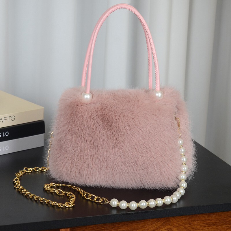 Cross-Border Faux Fox Fur Handbag, Pearl Crossbody Bag, Fashionable Small Square Bag, Cute Plush Bag, Casual Cross-Border Faux Fox Fur Handbag, Pearl Crossbody Bag, Fashionable Small Square Bag, Cute Plush Bag, Casual