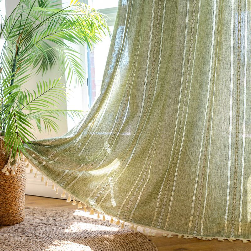 Amazon's Best-Selling Curtains Finished Green Bohemian Chic Cabin Decoration Kitchen Country Curtains with Tassels