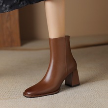 牛皮粗跟短靴女高跟靴2023秋季新款女靴简约通勤小皮靴一件代发