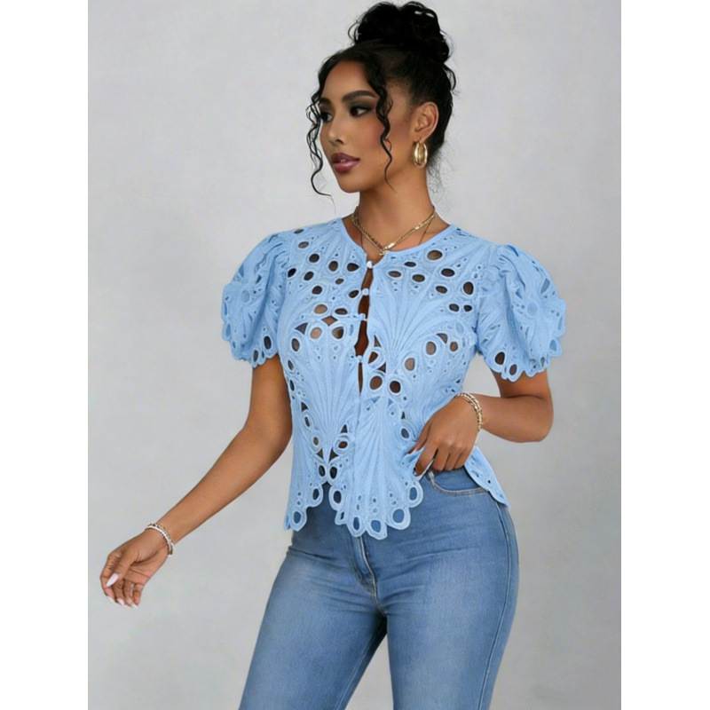 European and American Foreign Trade Summer Women's Clothing Hollow Lace Shirt Short-Sleeved Shirt Women's Summer Sexy Cardigan Top Shirt European and American Foreign Trade Summer Women's Clothing Hollow Lace Shirt Short-Sleeved Shirt Women's Summer Sexy Cardigan Top Shirt