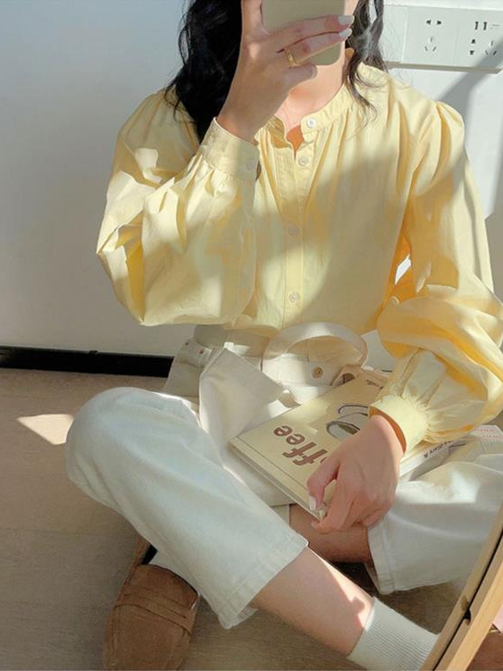 哥家商场同款女装2025秋季奶黄色圆领衬衣女法式别致独特小众衬衫|undefined