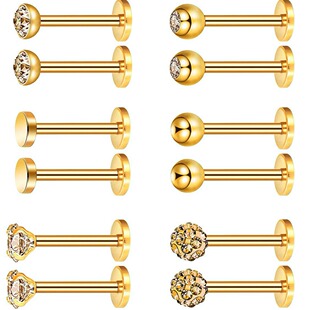 Cross-Border popular new stainless steel earrings 12-piece set color earrings diamond nose nail lip tongue nail piercing jewelry