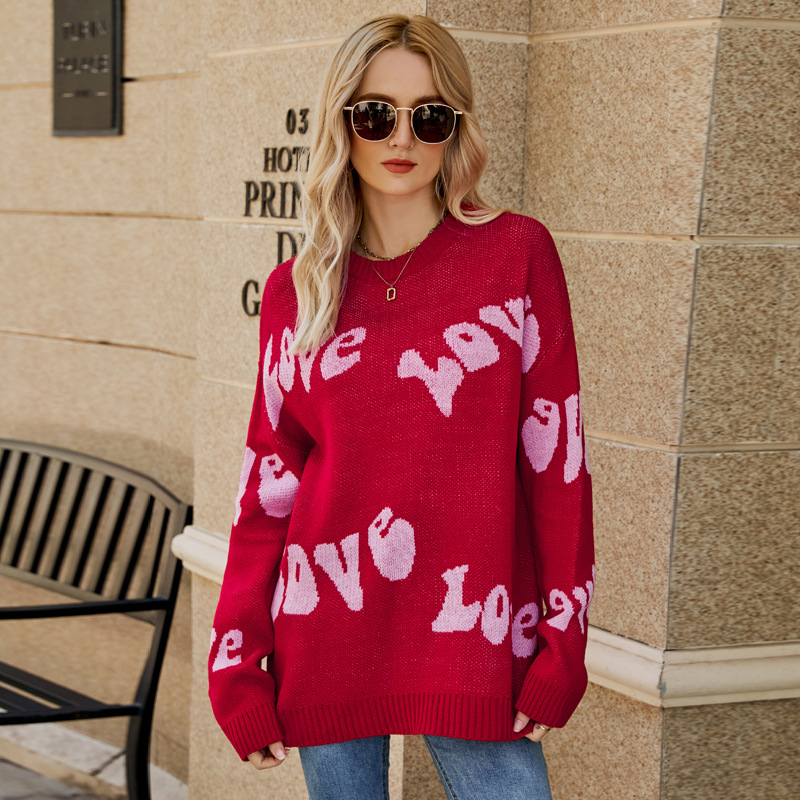 Transfronterizo suéter de fábrica carta jacquard más tamaño suéter estilo simple amor día de San Valentín suéter