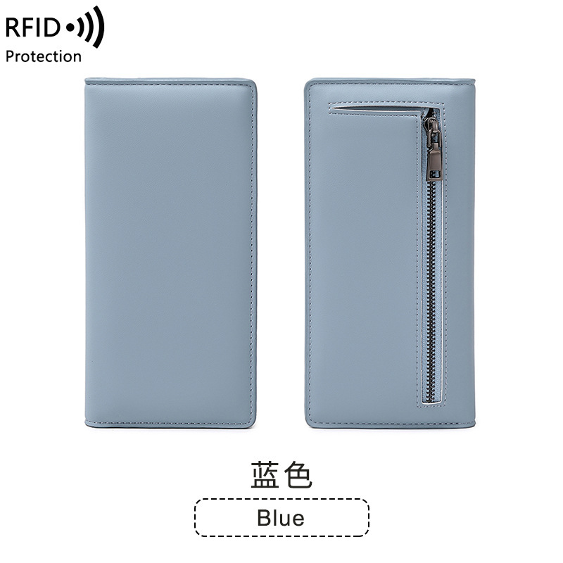 クロスボーダー新型RFID盗難防止ブラシレディース財布PU純色超薄クレジットカードカバンファスナー付きロングタイプ財布|undefined