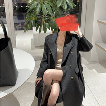 高端双面羊毛羊绒大衣女西装领系带韩版百搭时尚中长款毛呢外套