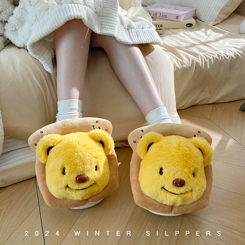 Милый медведь хлопчатобумажные тапочки женский зимний дом в помещении толстая подошва теплый плюшевый милый тапочки зимний мультяшный хлопок