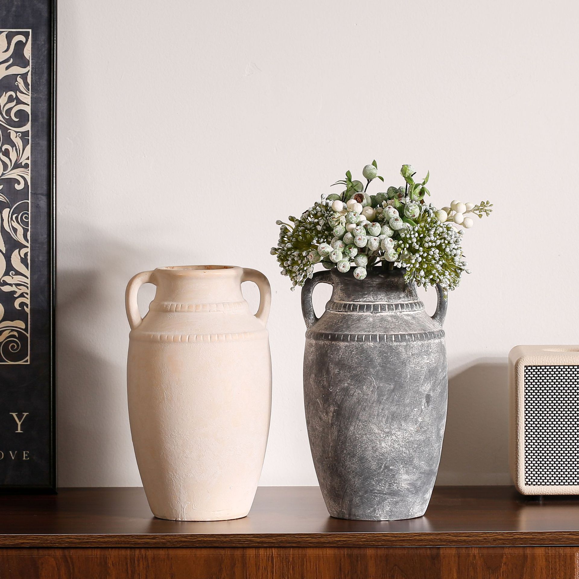 复古陶瓷花瓶带耳插花花器艺术北欧风格家居客厅中式摆件插花软装