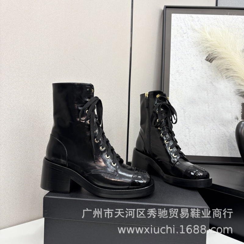 高版2025小香新品系带粗跟短靴真皮切尔西女靴增高瘦瘦靴马丁靴|undefined