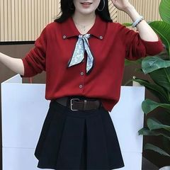 秋季新款韩版丝巾翻领针织衫爆款女百搭宽松显瘦polo领毛衣外套