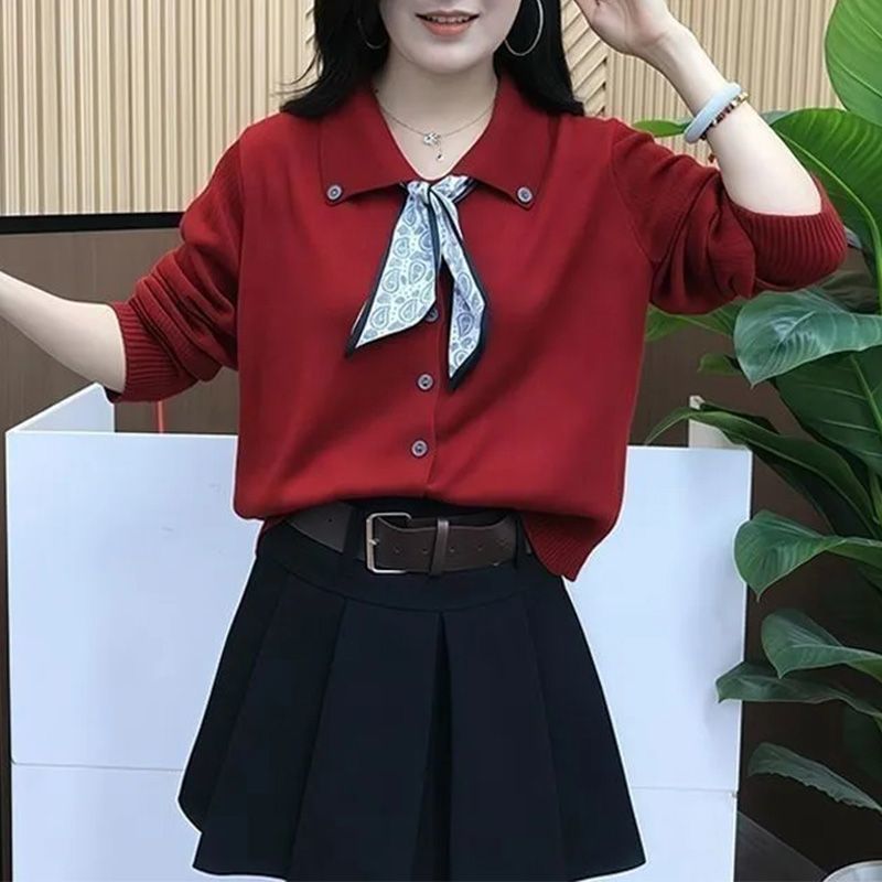 秋季新款韩版丝巾翻领针织衫爆款女百搭宽松显瘦polo领毛衣外套|undefined