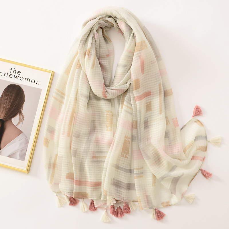 Japonés y coreano dulce elegante Plaid geométrico algodón y lino sensación bufanda larga borla bufanda grande viaje protector solar Toalla de playa