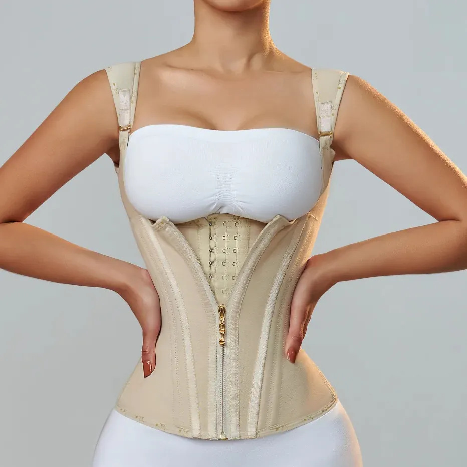 Cross-border High Elastic Mesh Waist Seal 15-bone Vest Palace Belly Belt Zipper-breasted Vintage Body-shaping Top
