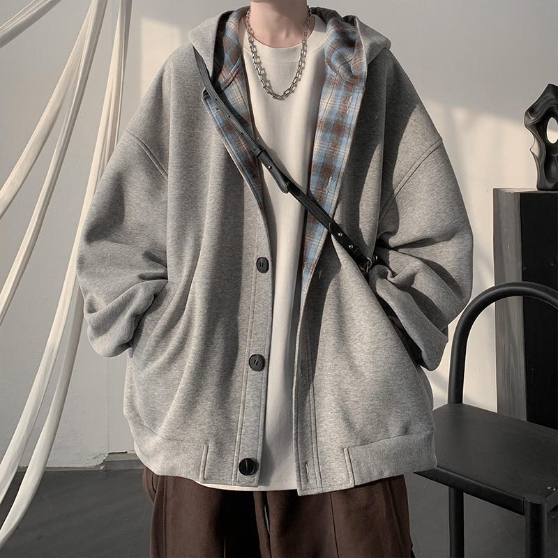 Stitching Plaid Hooded Sweater Men's Spring and Autumn New Fashionable High-end Cardigan Jacket Loose Casual All-match Jacket