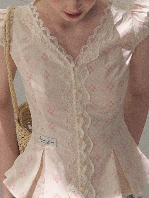 Oakmo 棉蕾丝V领少女感收腰显瘦修身设计感衬衫上衣|undefined