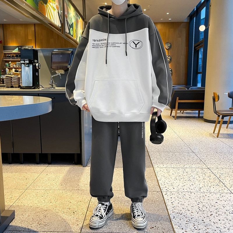 Conjunto de dos piezas de sudadera y pantalones de primavera y otoño, cárdigan holgado con capucha, ropa deportiva informal y bonita para correr, traje para hombre