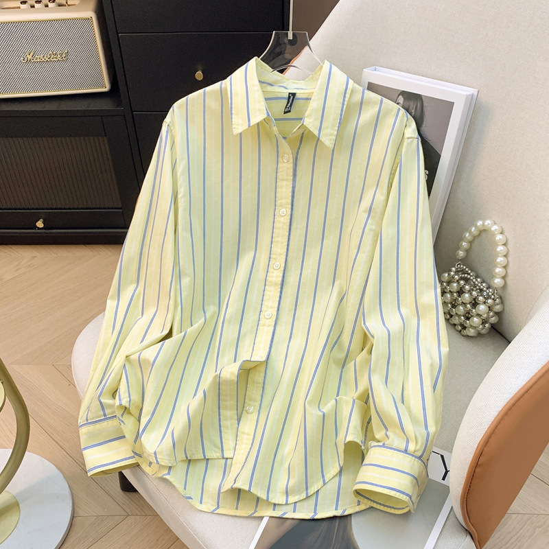 Anti-Curling Japanese-Style Colorful Striped Shirt for Women, Suitable for Layering in Spring and Autumn, Loose Fit, Plus Size, Fresh Style Top