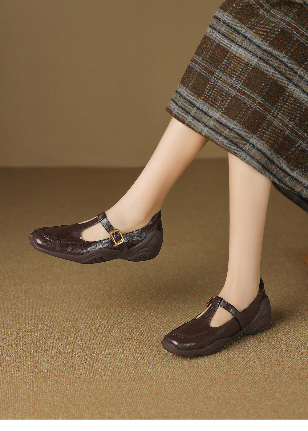 Giày sandal nữ quai ngang mũi nhọn đế dày da cừu buộc dây — màu nâu chi tiết 11