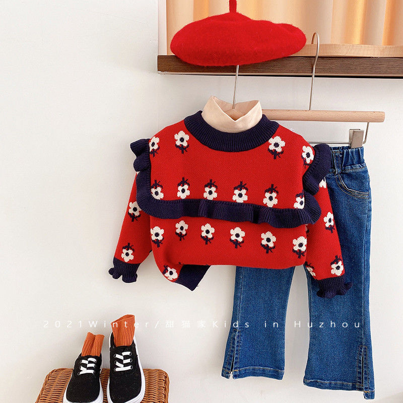 Girls' Autumn and Winter Clothes Thickened Knitted Sweater 2023 New Style Western Style Flower Baby Girl's Sweater Children's Clothes