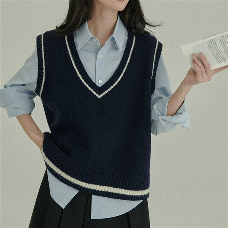 24 Dongpuyuan nuevo estilo de estilo universitario chaleco de punto suelto de primavera y otoño para mujeres collar en V