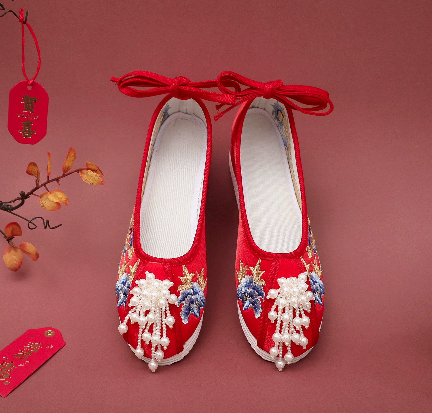 Hanfu Cloth Shoes (Qinglong) Phoenix Embroidery, Velvet with Wool Lining and Pearl Detail, Sizes 35–41