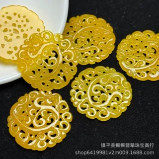缅甸翡翠黄翡镂空圆形花开富贵耳坠配件批发 diy玉石饰品吊坠配饰
