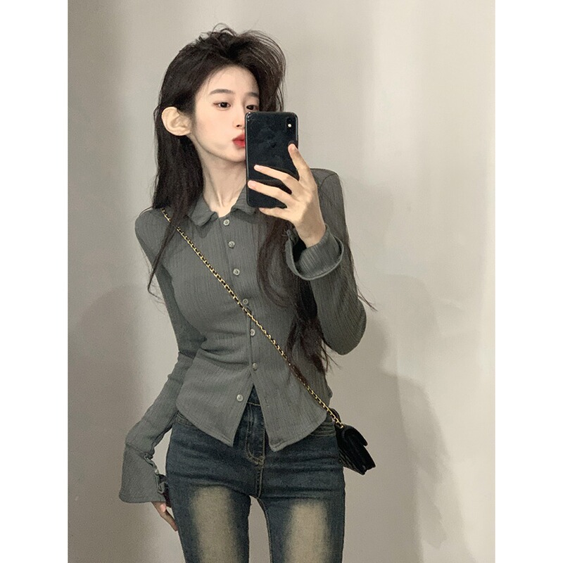 Pure want polo collar long sleeve T-shirt women's autumn 2024 new design hot girl slim fit inner base shirt top