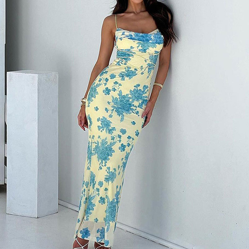 Amazon 2025 primavera nueva ropa de mujer europea y americana temperamento sexy bolso con cordones falda a la cadera vestido delgado floral image 5