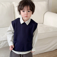 春款男女童日系百搭雙口袋背開扣套頭針織馬甲洋氣兒童背心馬甲