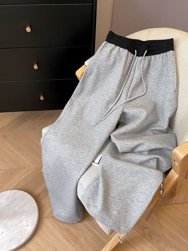 撞色高腰运动卫裤女秋季休闲直筒宽松慵懒松弛感百搭藏蓝色裤子潮|undefined