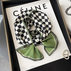 新款綠色小絲巾時尚百搭飄帶髮帶裝飾長條領巾春秋韓版棋盤格圍巾