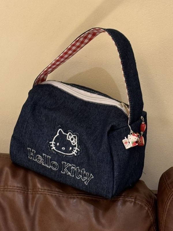 ins かわいい新しい刺繍キティデニム通勤バッグポータブル収納外出大容量コントラストカラーハンドバッグ|undefined