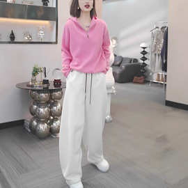 韩版休闲运动风简约长裤一整套粉色套头宽松显瘦长袖上衣两件套女