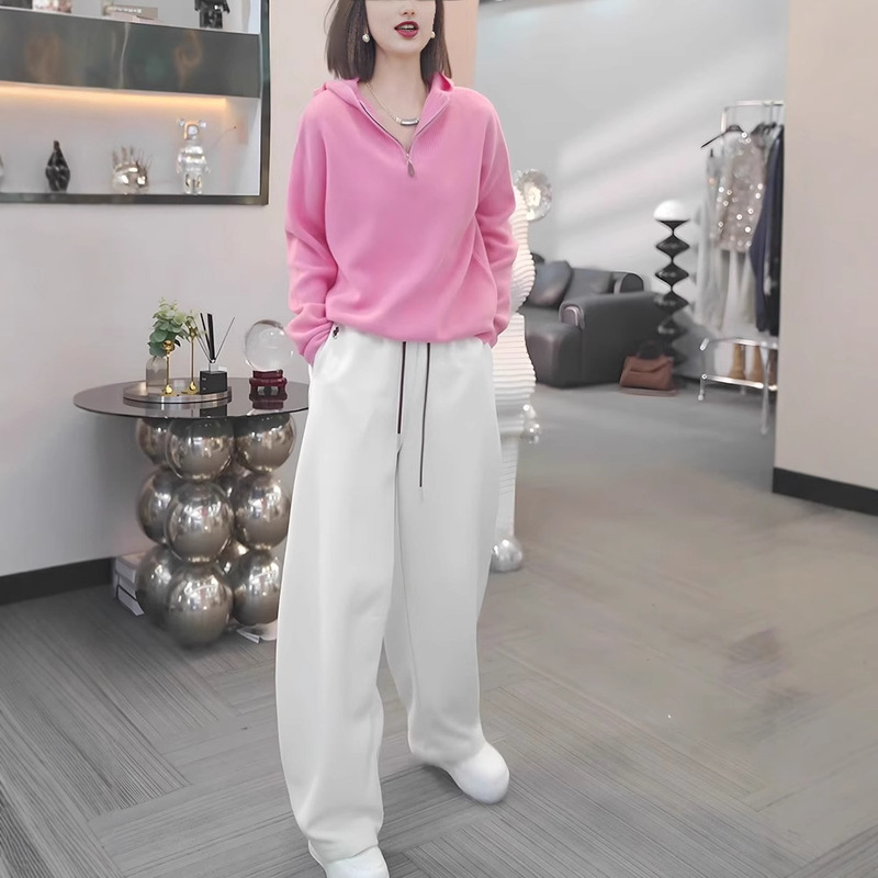 Korean Style Casual Sports Style Simple Trousers Set of Pink Pullover Loose Slimming Long Sleeve Top Two-Piece Set for Women