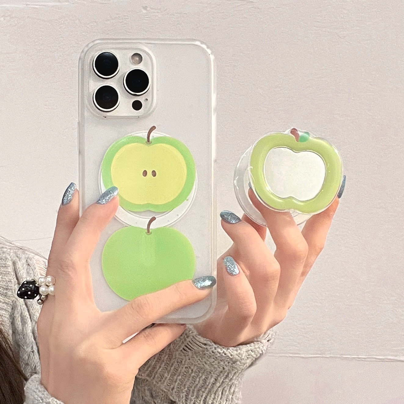 Soportes de espejo de manzana verde con salpicaduras de tinta para estuche para teléfono móvil Apple 16ProMax 15/14 nuevo 13 verano 15Pro femenino