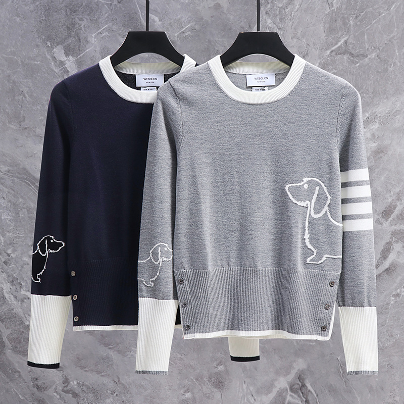 Factory direct TB Tom autumn and winter new style four-bar side puppy contrast color knitted round neck stylish slimming sweater for women Factory direct TB Tom autumn and winter new style four-bar side puppy contrast color knitted round neck stylish slimming sweater for women